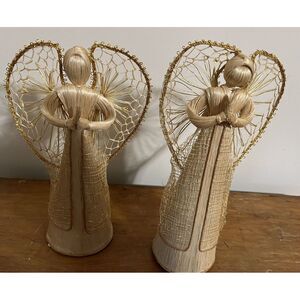 Lot of 2‎ Corn Husk Angel Figurines 12" & 8" Home Décor Made in Philippines